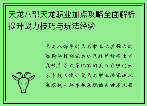天龙八部天龙职业加点攻略全面解析提升战力技巧与玩法经验